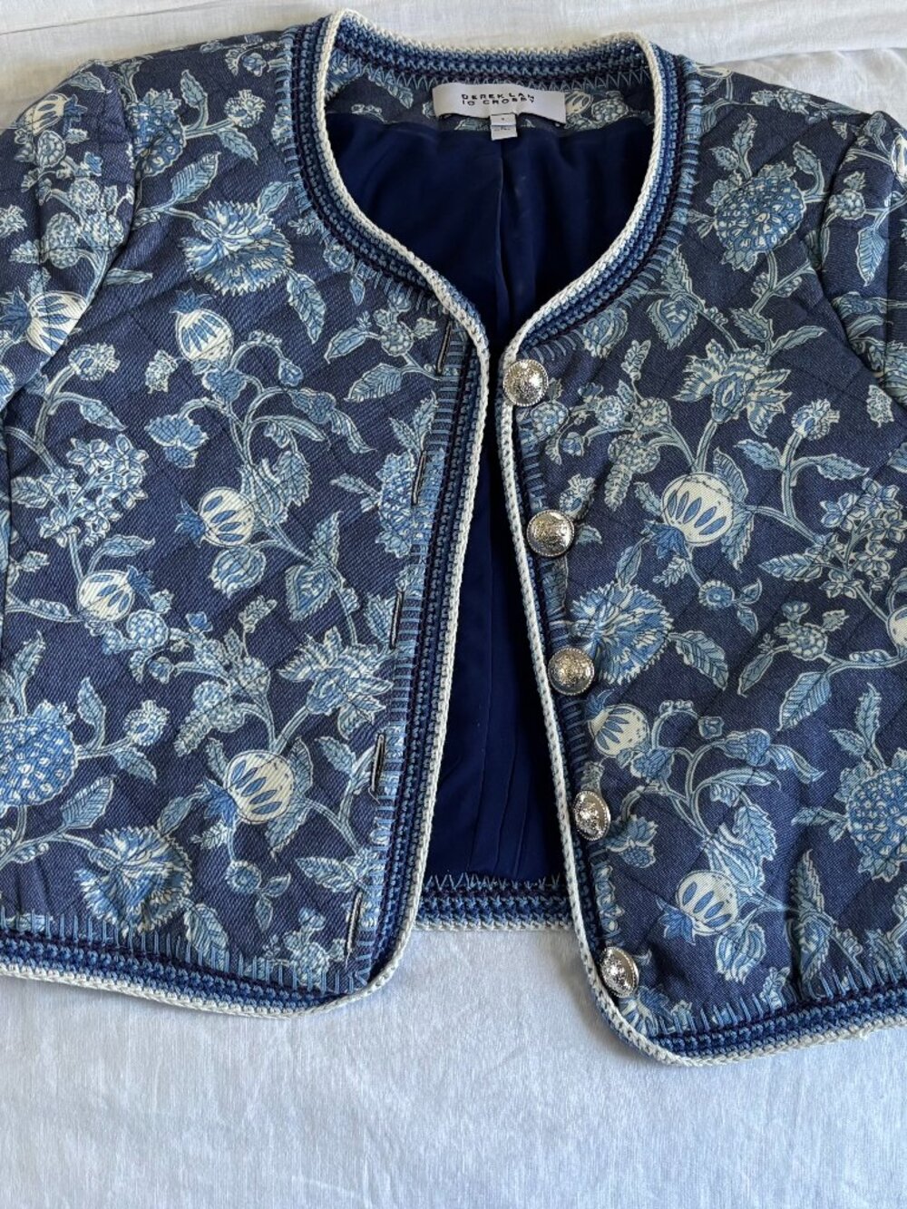 Derek Lam 10 Crosby Aster Quilted Jacket Size 6 in Blue Floral Cotton Blend